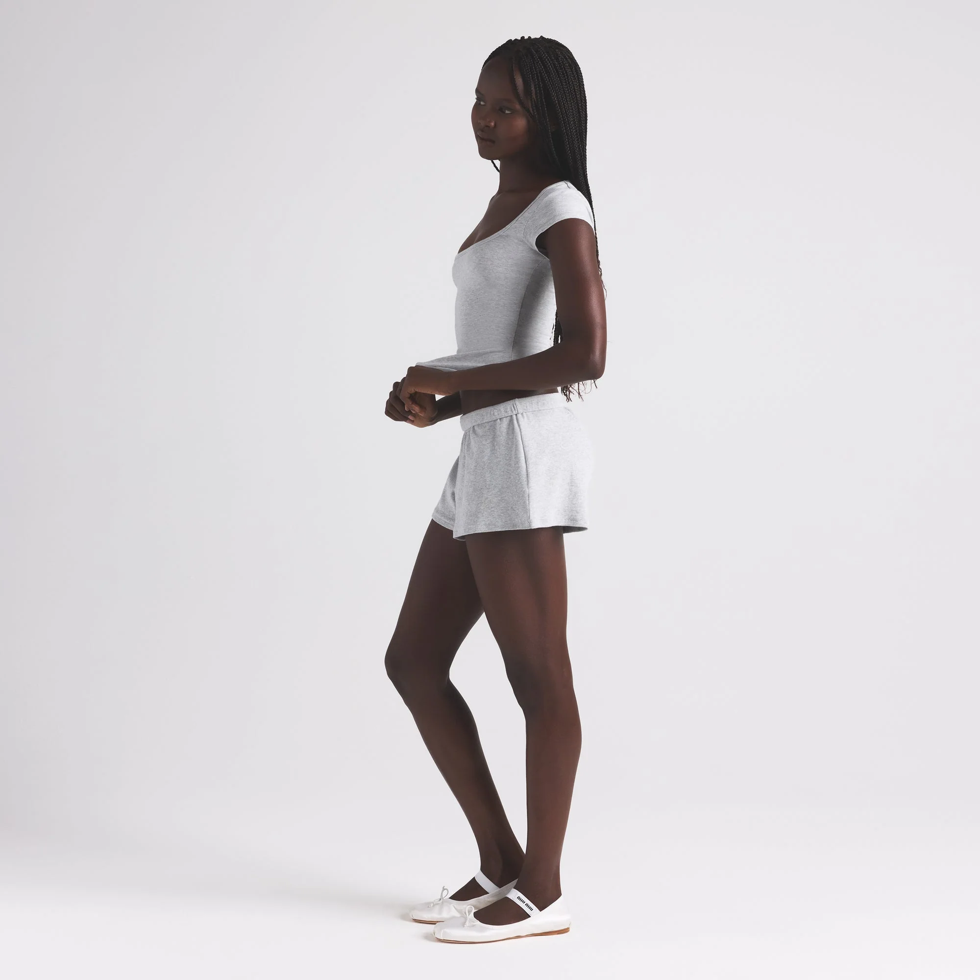 COTTON RIB LOOSE SHORT | LIGHT HEATHER GREY - Image 3