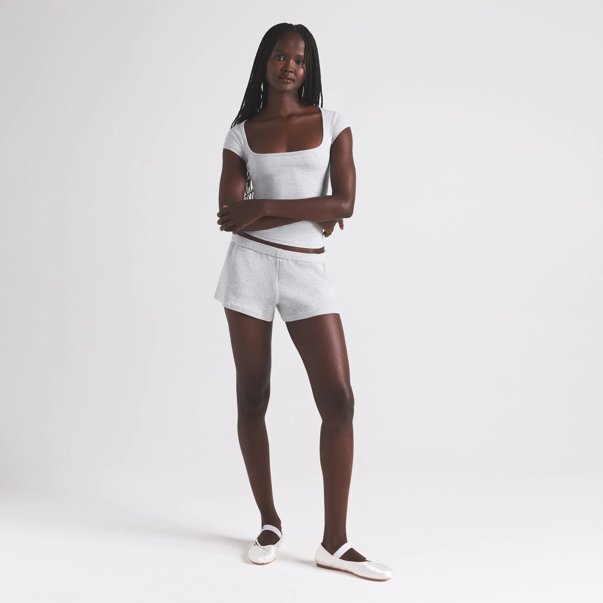 COTTON RIB LOOSE SHORT | LIGHT HEATHER GREY - Image 4