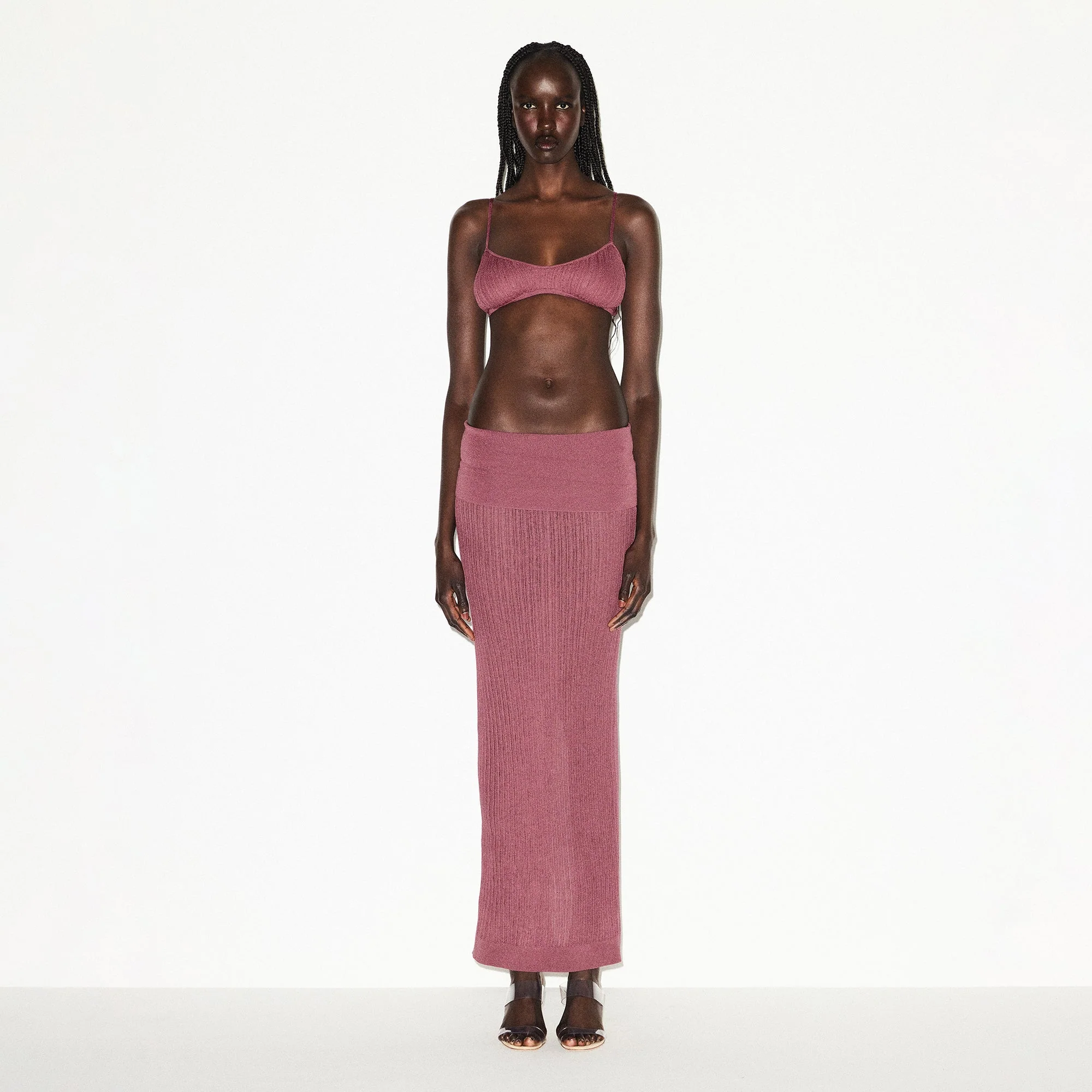 SHEER KNIT FOLDOVER LONG SKIRT | BEET - Image 2