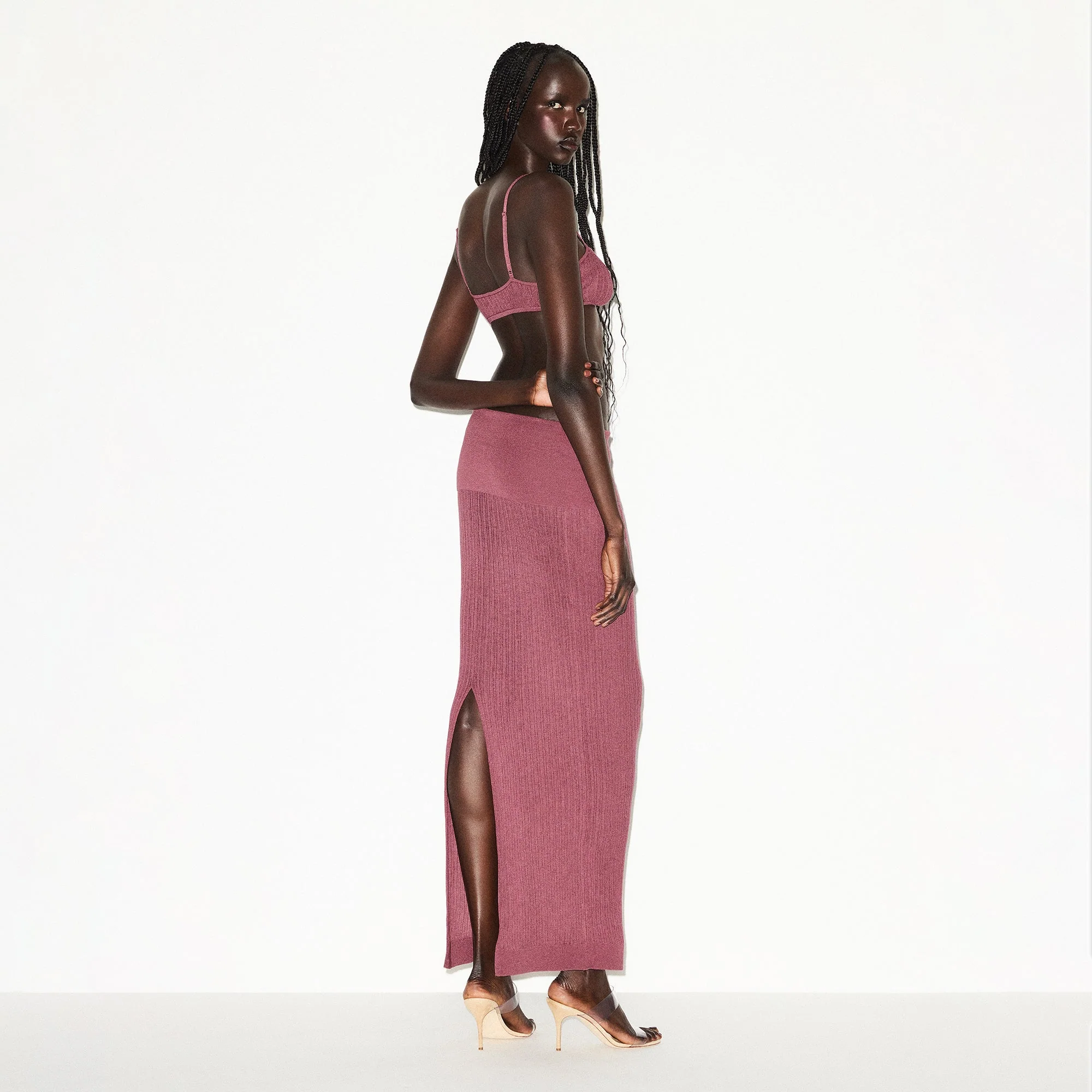 SHEER KNIT FOLDOVER LONG SKIRT | BEET - Image 3