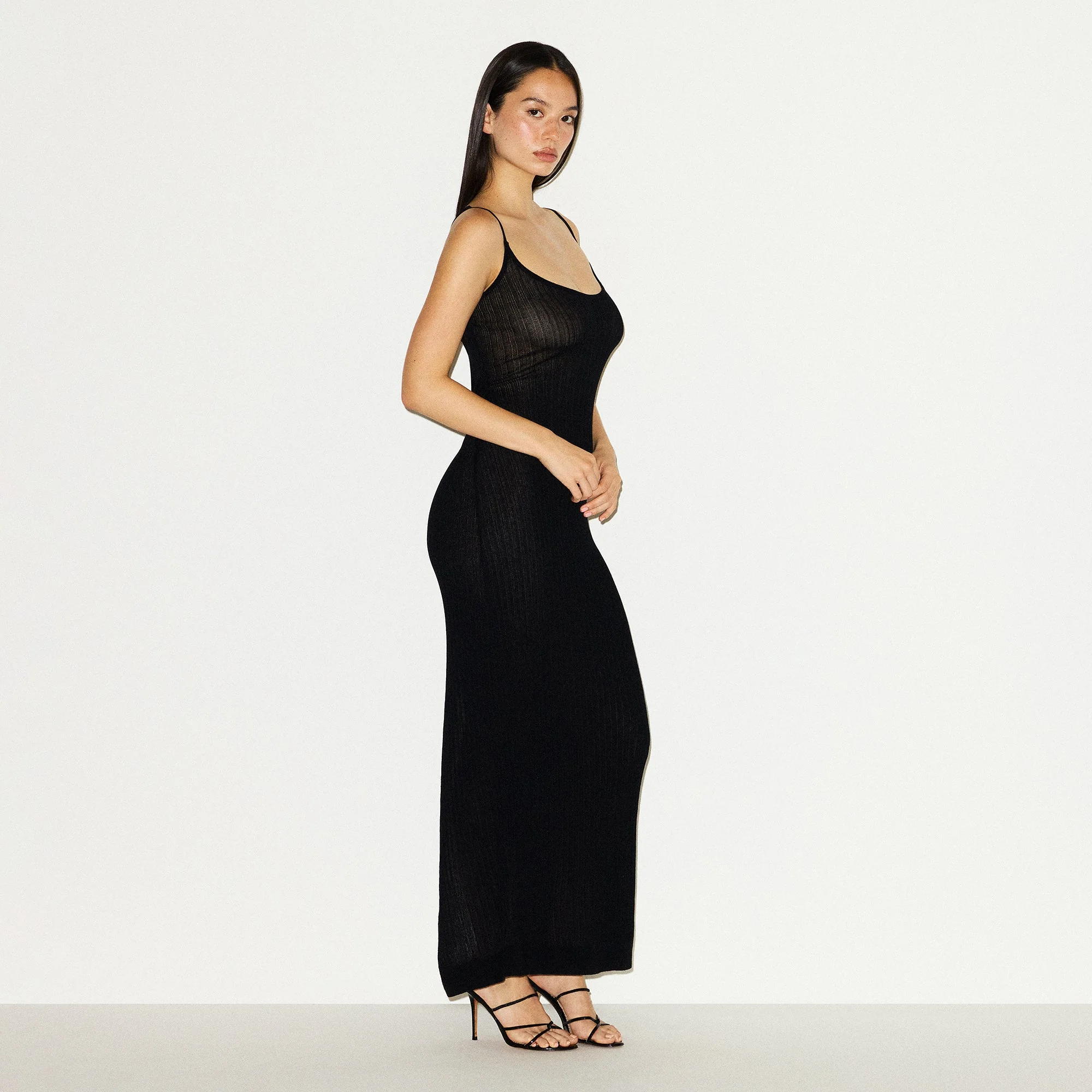 SHEER KNIT LONG CAMI DRESS | ONYX - Image 2