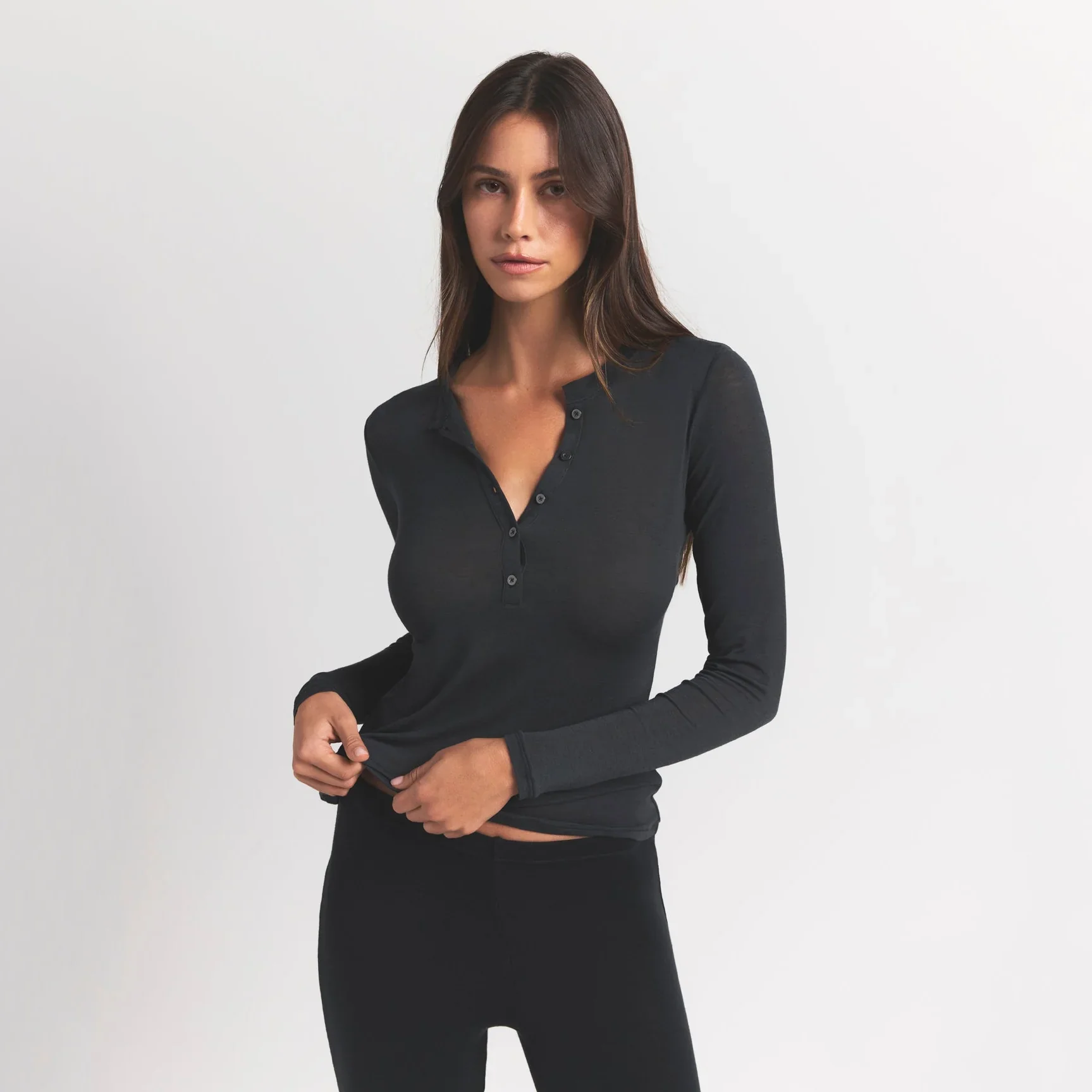 SHEER MODAL CREWNECK HENLEY | ONYX - Image 2