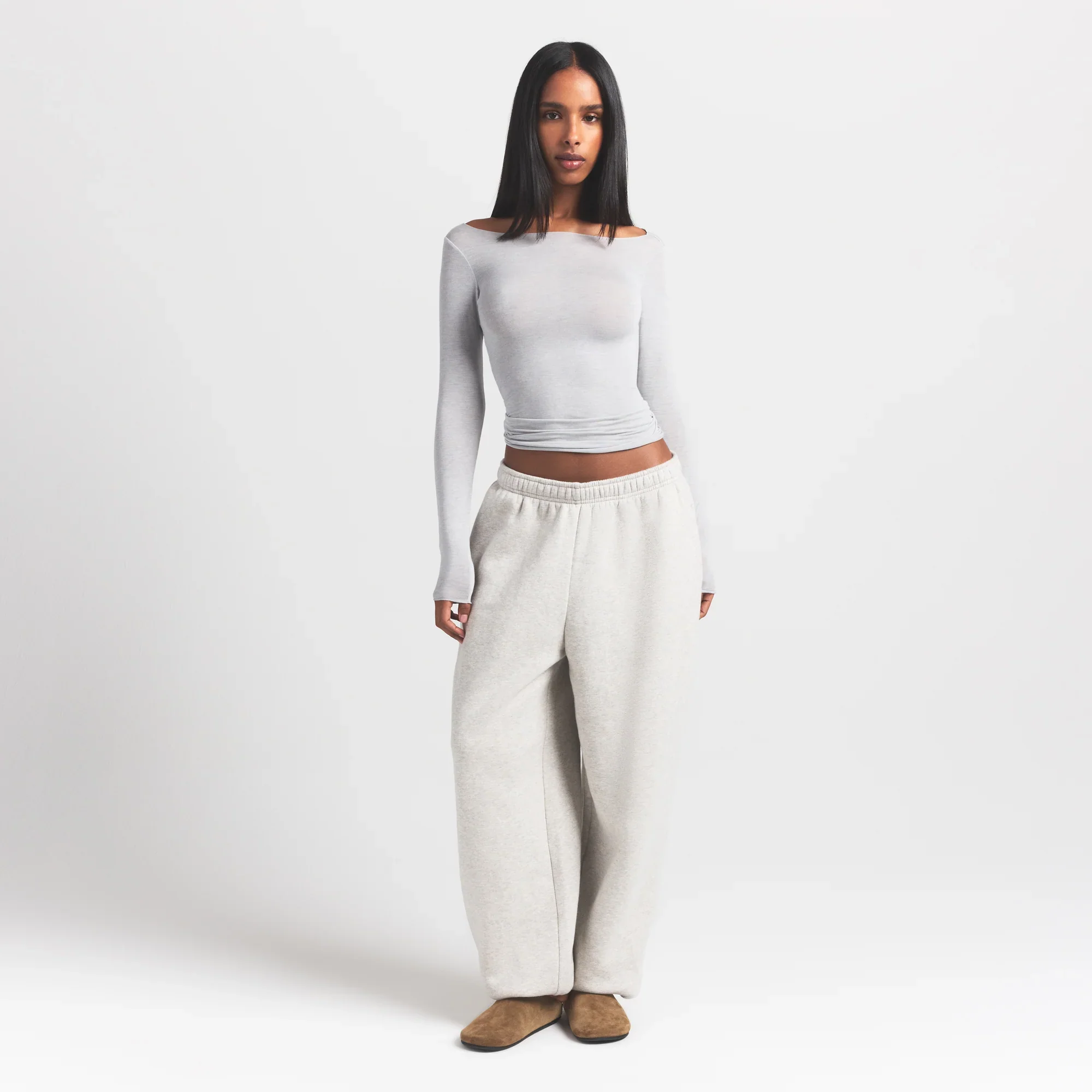 SHEER MODAL LONG SLEEVE BOATNECK TOP | HEATHER GREY - Image 2