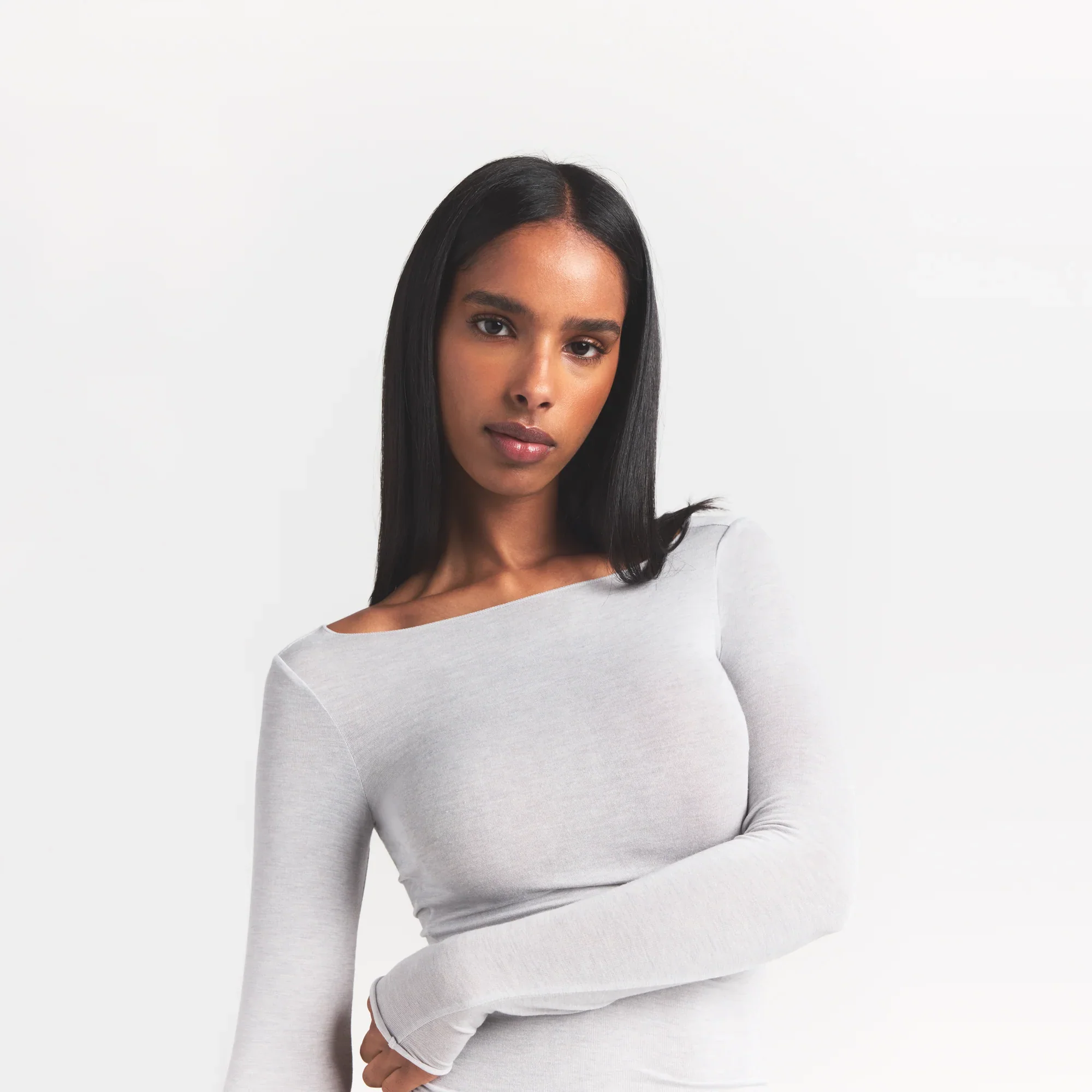 SHEER MODAL LONG SLEEVE BOATNECK TOP | HEATHER GREY - Image 3
