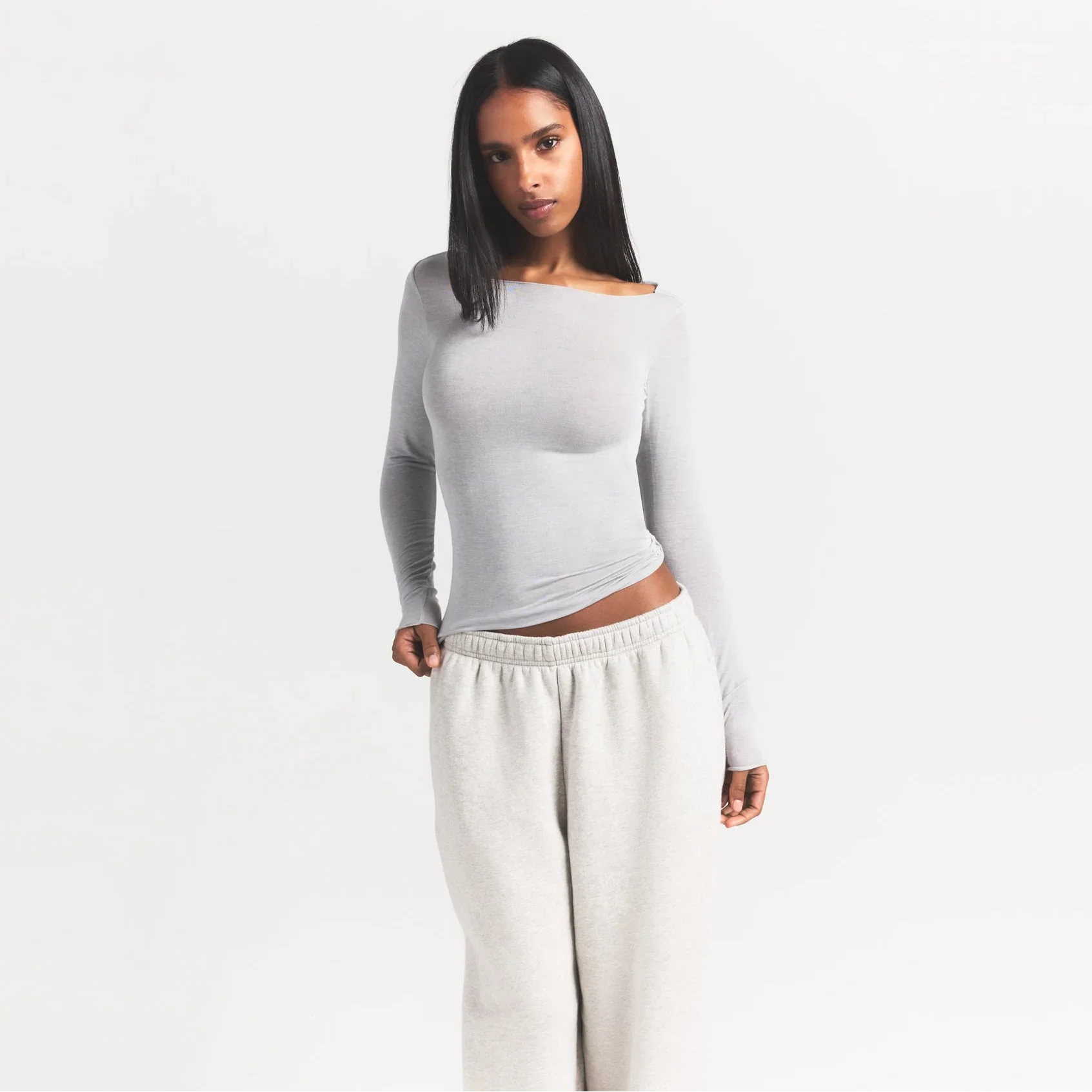 SHEER MODAL LONG SLEEVE BOATNECK TOP | HEATHER GREY - Image 4