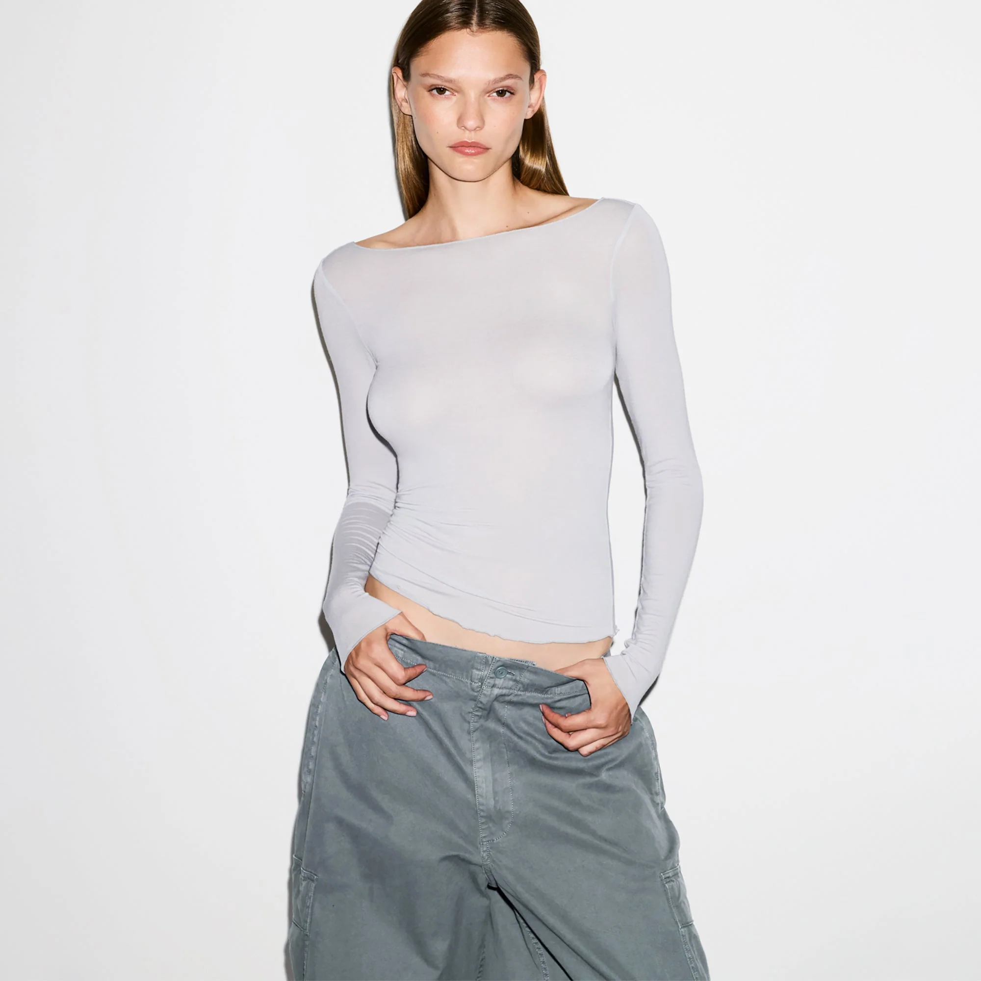 SHEER MODAL LONG SLEEVE BOATNECK TOP | MIST - Image 2