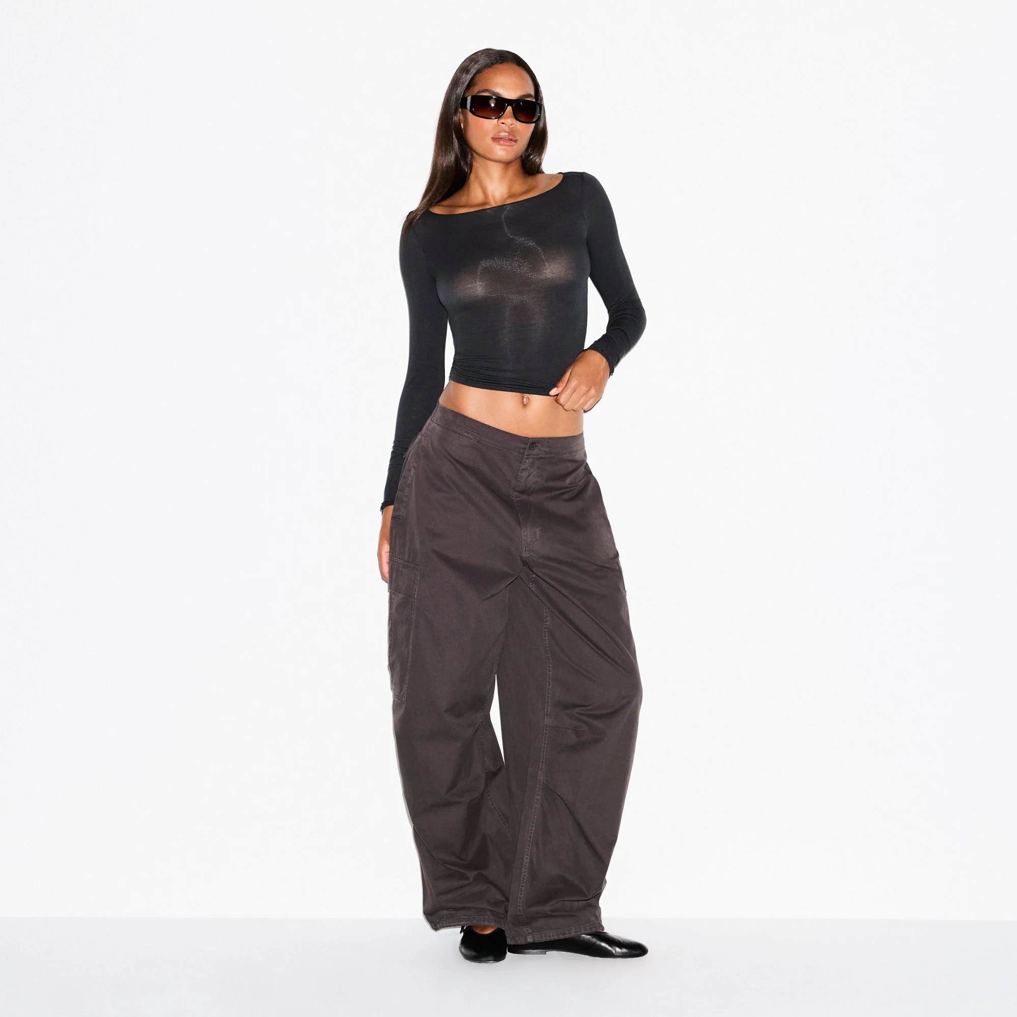 SHEER MODAL LONG SLEEVE BOATNECK TOP | ONYX - Image 2