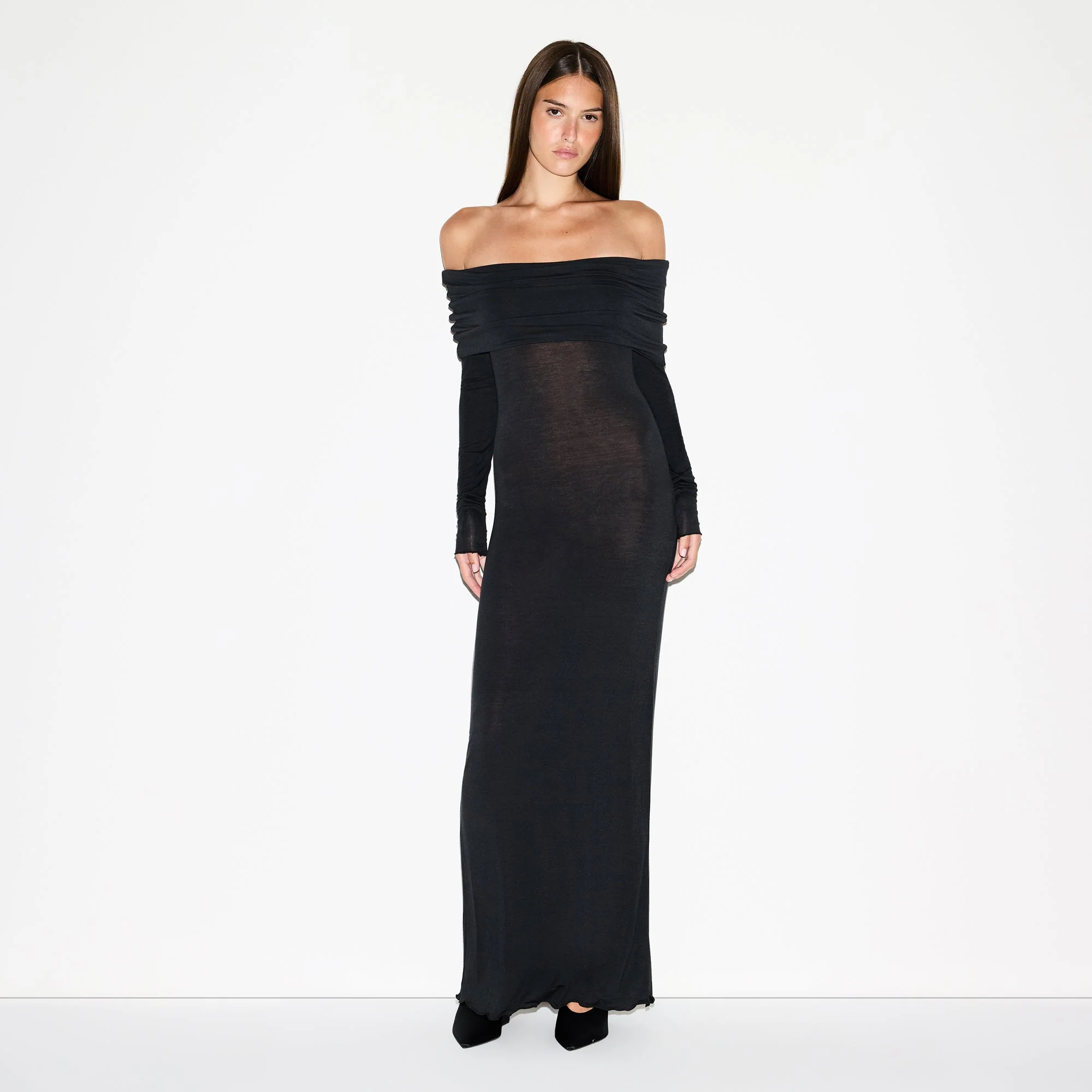 SHEER MODAL OFF SHOULDER LONG DRESS | ONYX - Image 2