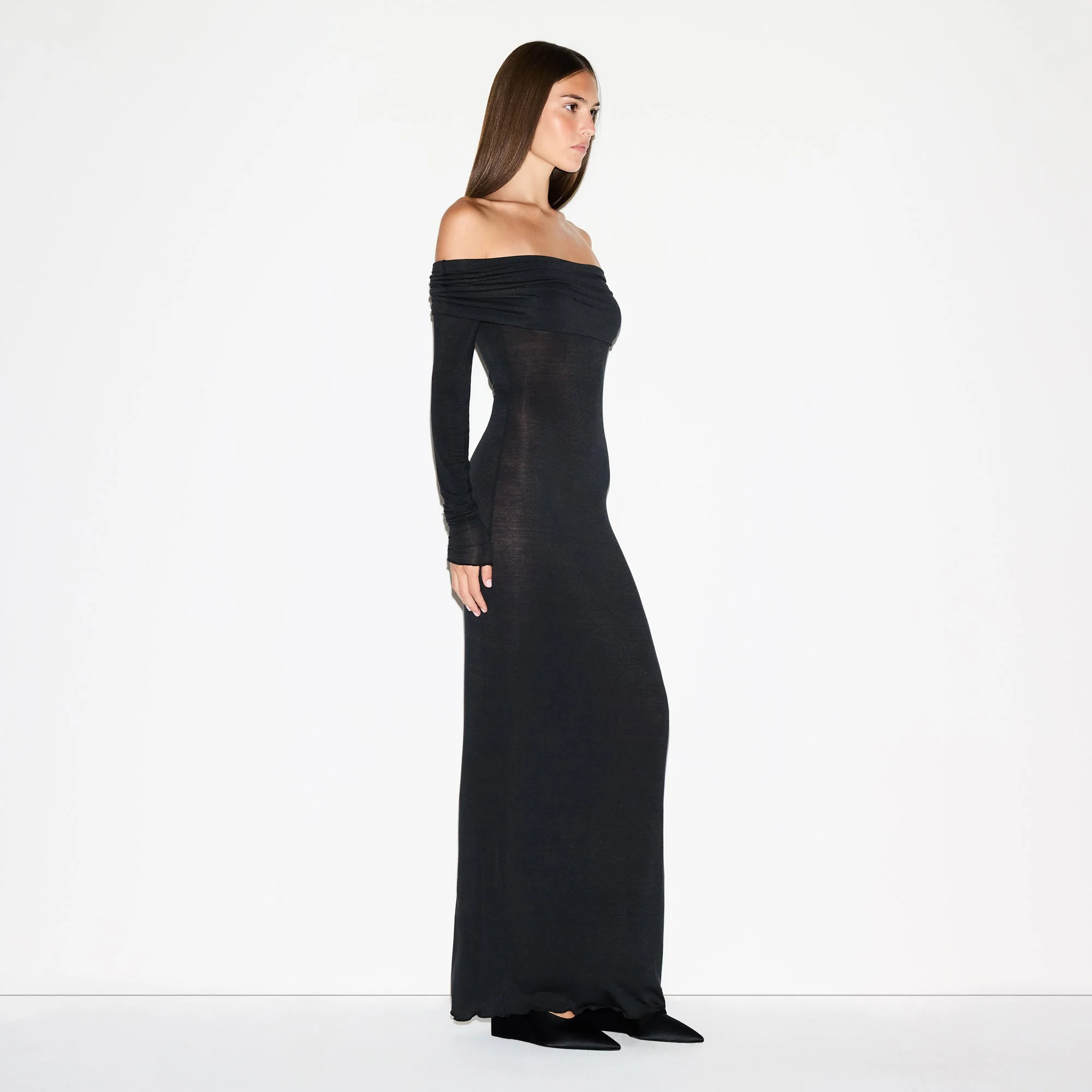 SHEER MODAL OFF SHOULDER LONG DRESS | ONYX - Image 4