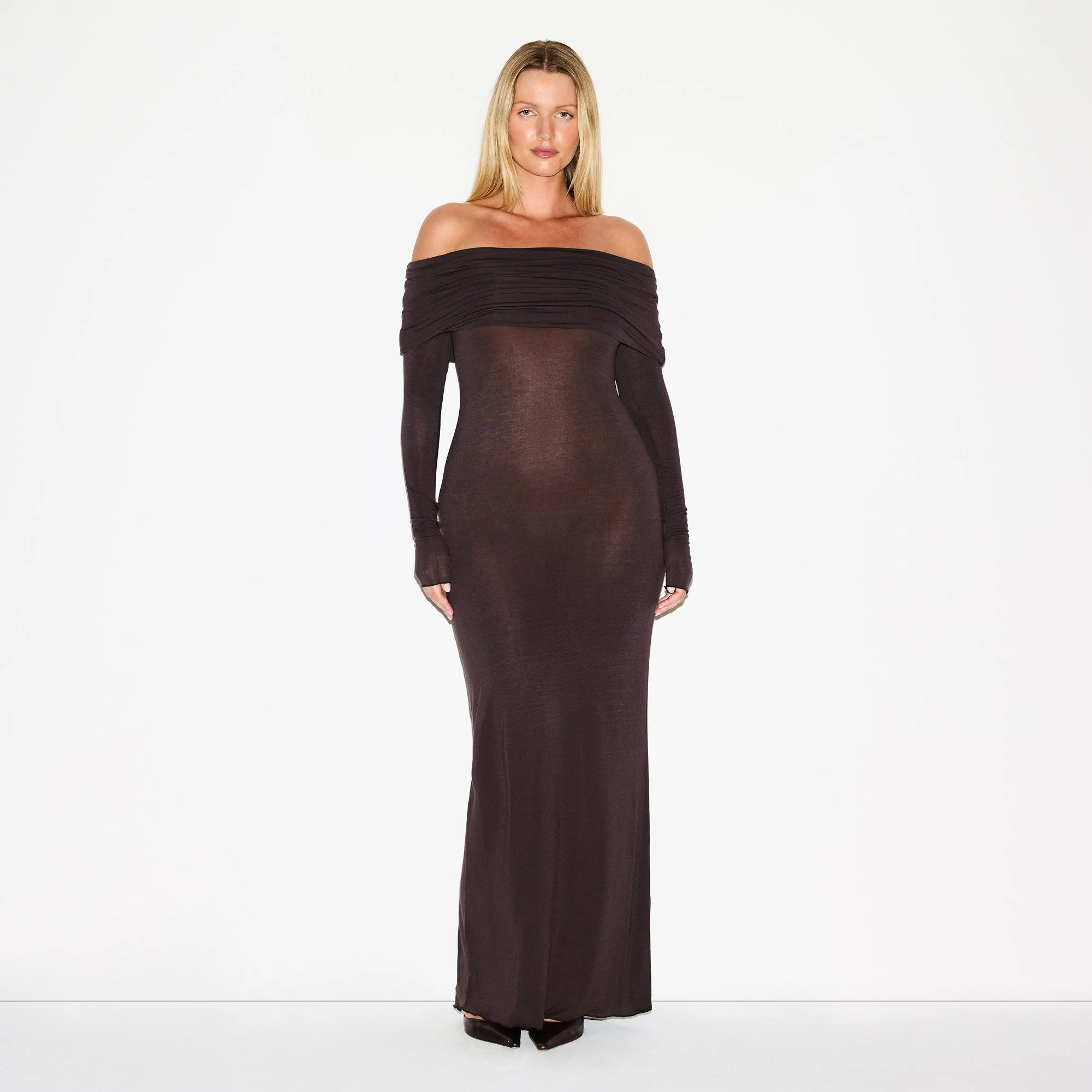 SHEER MODAL OFF SHOULDER LONG DRESS | PHOENIX
