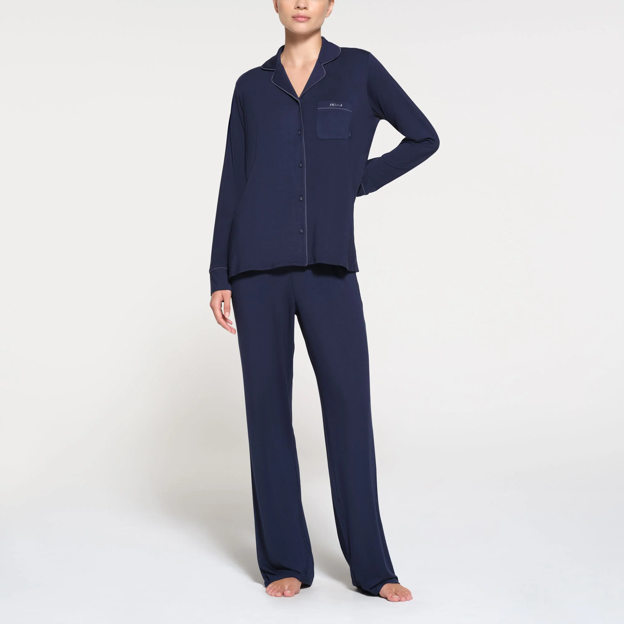 SKIMS SLEEP LONG SLEEVE BUTTON UP SET | NAVY