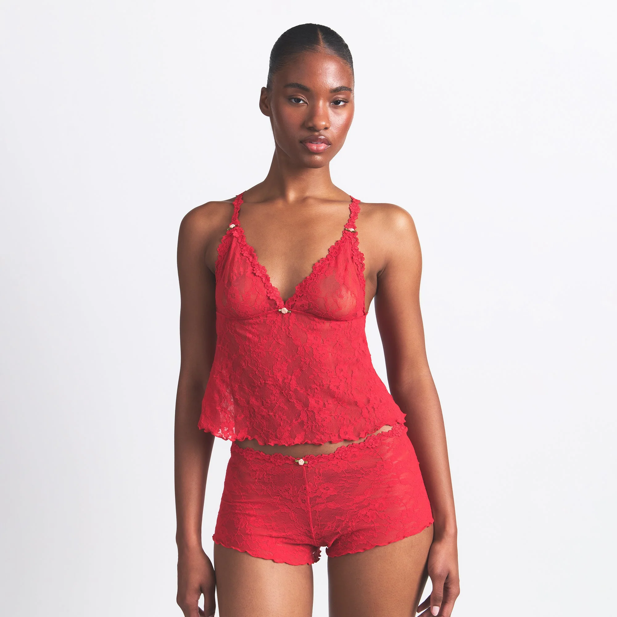 STRETCH LACE TRIANGLE CAMI AND SHORT SET | RED - Image 11