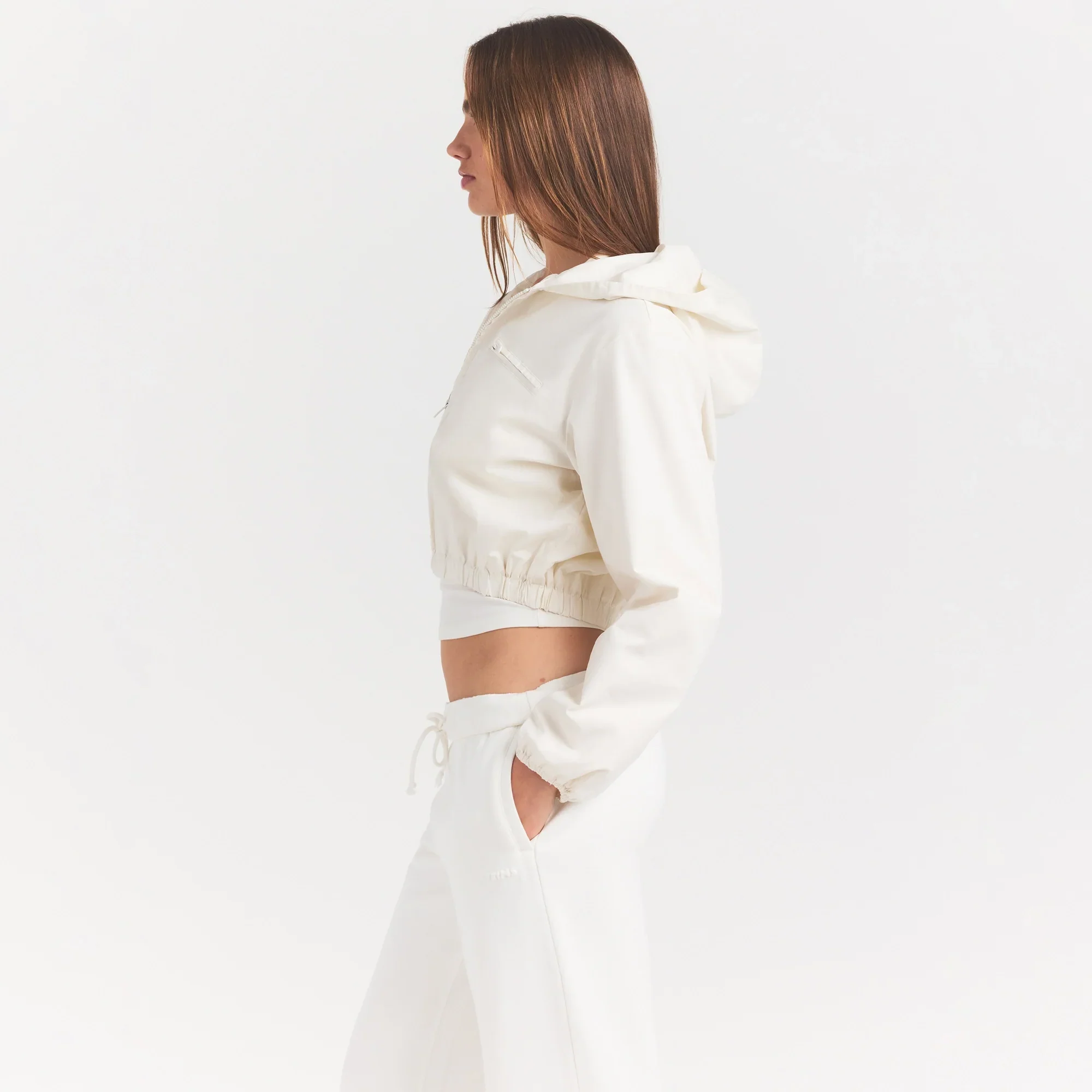 WOVEN COTTON CROPPED ZIP UP JACKET | EGRET - Image 3